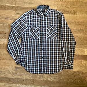 J Crew. JCREW BLUE TAN WHITE FLANNEL PLAID CHECK BUTTON UP MENS S SMALL